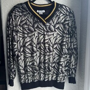 Vintage Jeri Marque 80s/90s Metallic Gold Leaf Black V-Neck Ribbed Stripe Top  M